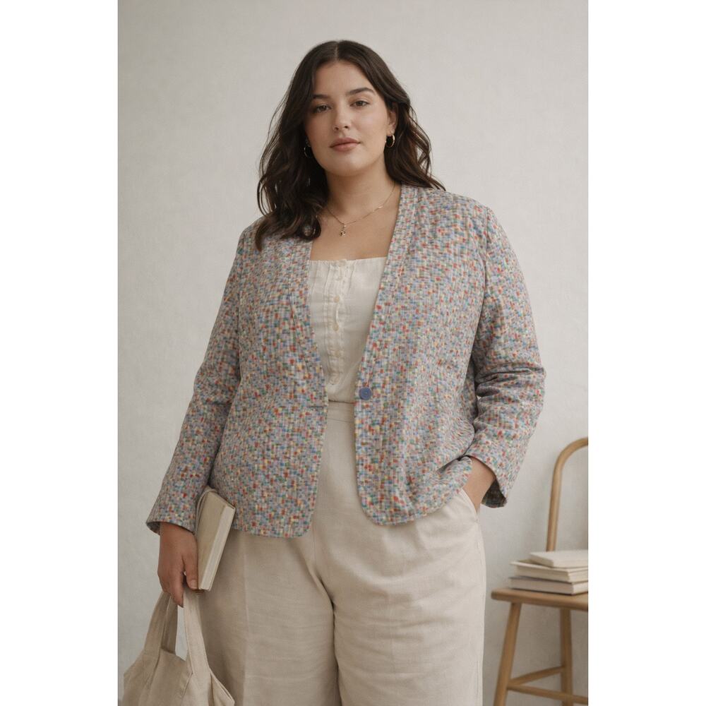 Kate Hill Womens 100% silk Blazer Size 2X Quilted Pastel Purple Confetti Artsy